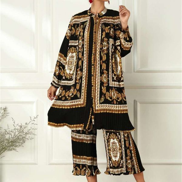 

printed totem shirt stand up collar with waistband pleated loose dress and suit, Black;gray