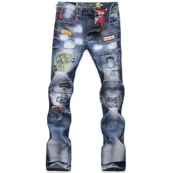 

mens streetwear washed jeans ripped holes design denim long pants applique hip hop biker jeans hommes long trousers, Blue
