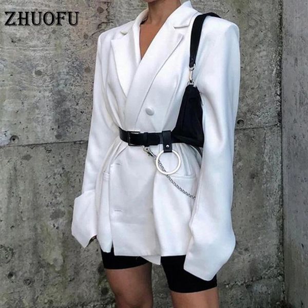 

zhuofu 2020 double breasted notched jacket long sleeve winter autumn long blazer women office night out jacket female coat, White;black