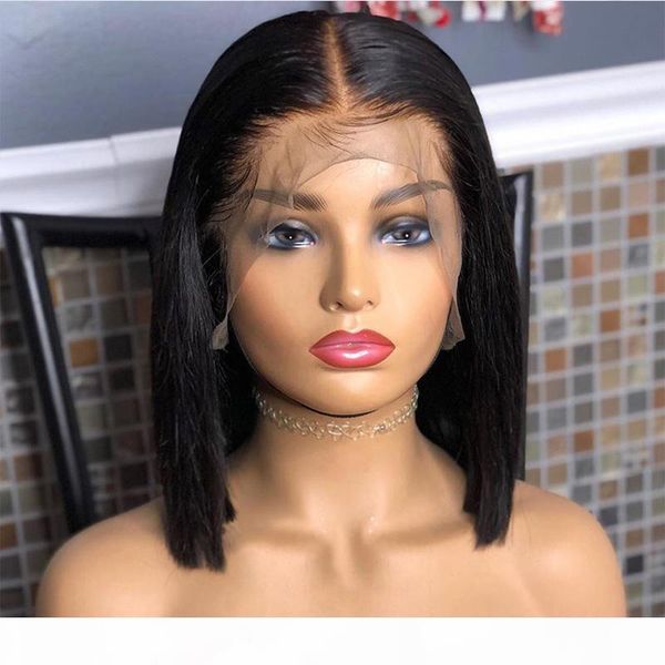 

13x6 deep part short lace front wigs human hair pre plucked peruvian virgin blunt bob cut wigs for black women with baby hair, Black;brown