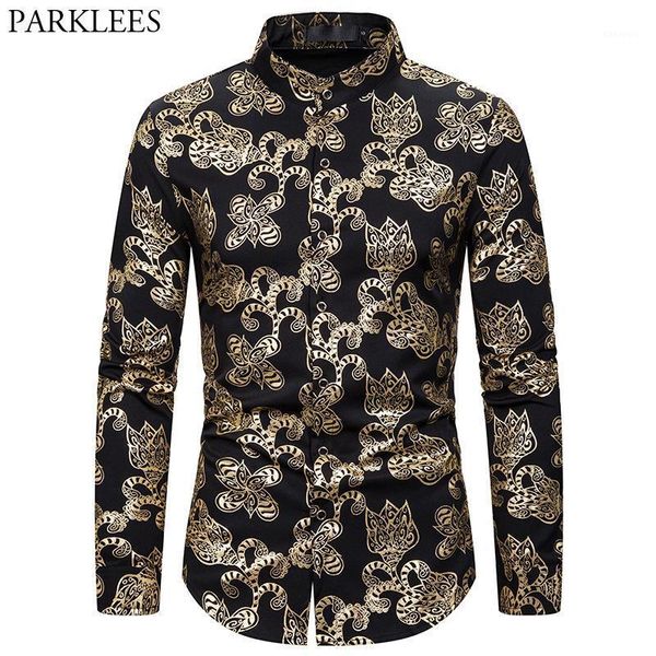 

mens gold floral print dress shirts 2020 fashion stand collar long sleeve shirt men wedding party club prom shirt male chemise1, White;black