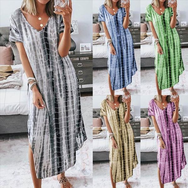 

women stripe plus size maxi dress for fashion summer dresses 2020 long tie dye print dress gradient womens robe s 5xl, Black;gray