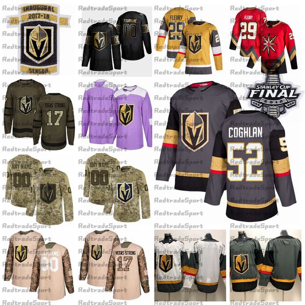 

2021 reverse retro customize 52 dylan coghlan vegas golden knights hockey jersey golden edition camo veterans day fights cancer purple shirt, Black;red