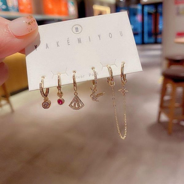 

high-end mixed styles geometric swallow star dangle earrings set gold color cubic zirconia earrings for women, Silver
