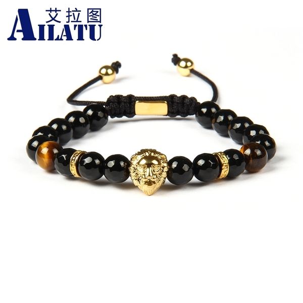 

ailatu animal charm bracelet stainless steel lion head men bracelet with natural faceted black onyx stone beads y200730
