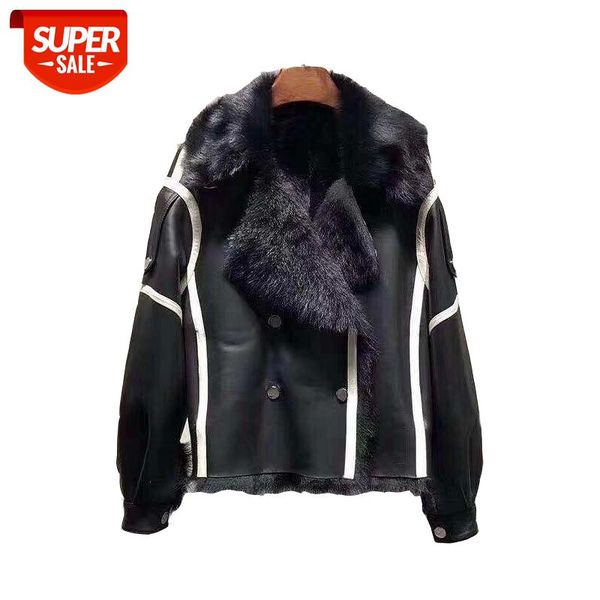 

100% real tuscany fur coat female short leather motorcycle jacket loose wool fur coat was thin #662m, Black;brown