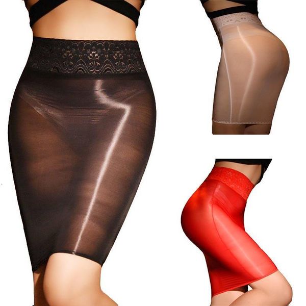 

women skinny oil shiny stretch mini skirt body shaper lace see through skirt slimming night club dance wear, Black