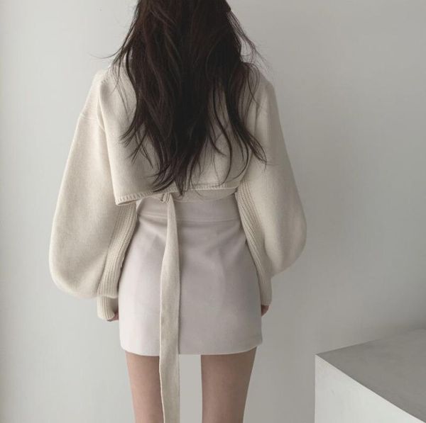 

women's tracksuits korean chic elegant v-neck back lace up irregular lantern sleeve knitted sweater high waist bag hip skirt women two, Gray