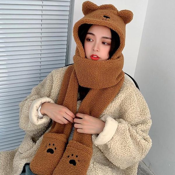 

Women's Winter Scarf Warm Hat Sweet Plush Integrated Warm Headgear Foulard Femme Cute Cartoon Shape Casual Windproof Muffler, Blue;gray