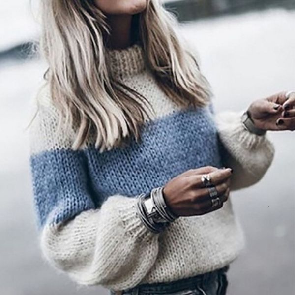 

autumn winter women's loose knitted sweater long sleeve o-neck patchwork pullover sweaters for female fashion warm clothes 201023, White;black