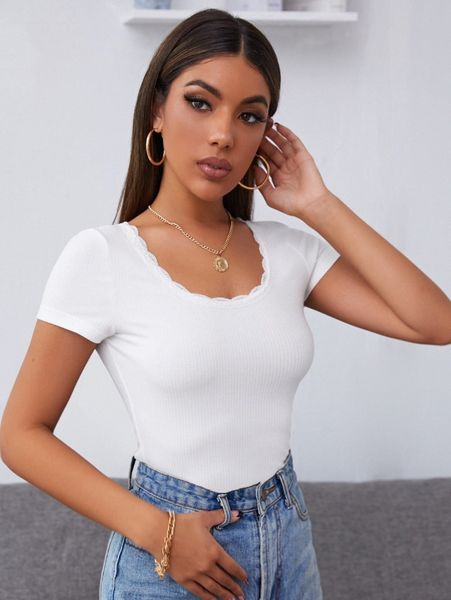 

lace trim rib knit tee v4qa#, White