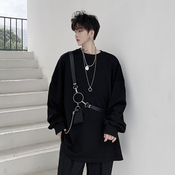 

2021 spring male autumn leather bandage chain oversized hip hop hoodie sweatshirt vintage man street wear korean style xo4g, Black