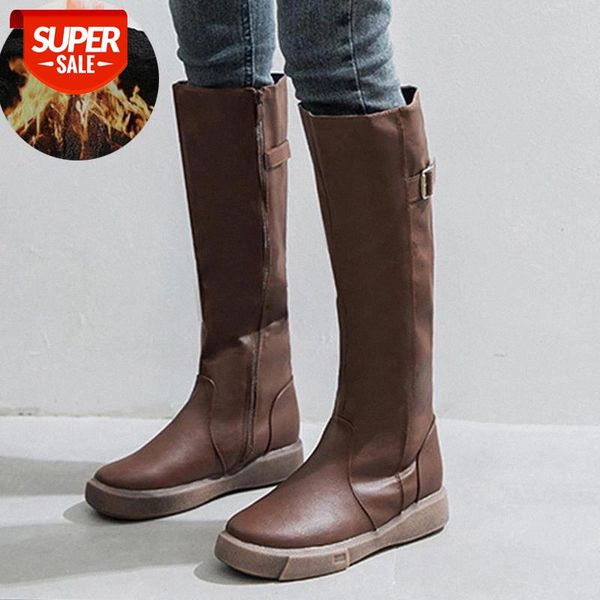 

2020 winter boots women side zipper round toe knee-high female shoes waterproof platform flat high boots buty damskie #ig1k, Black