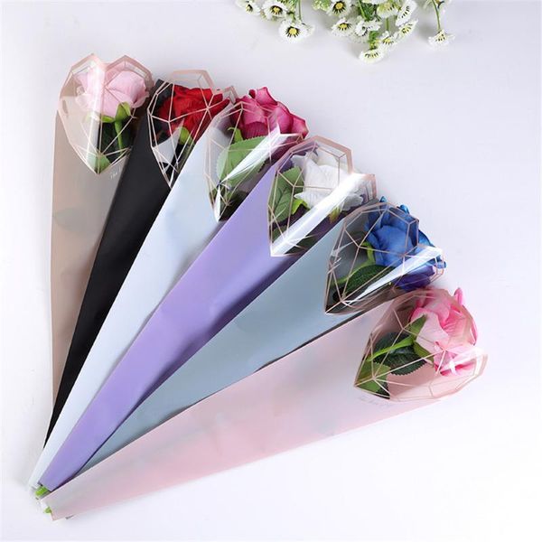 

gift wrap 20pcs/lot diamond heart wrapping plastic single rose flower packaging bag party decorations boxes cases for flowers