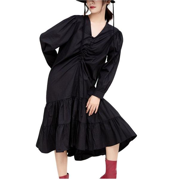 

casual dresses women's drawstring pleated lotus leaf large swing long-sleeved dress 2021 spring autumn v-neck women vestidos nbh13, Black;gray