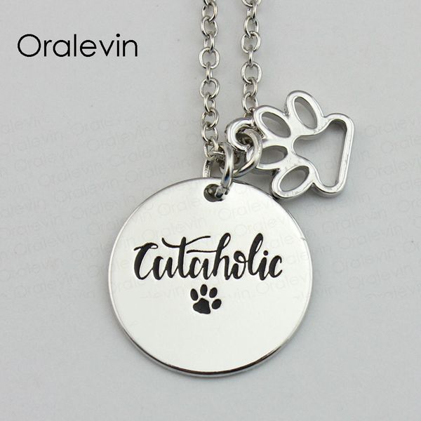 

cataholic inspirational hand stamped engraved charm dog paw pendent necklace for footprint lover nice gift jewelry,22mm