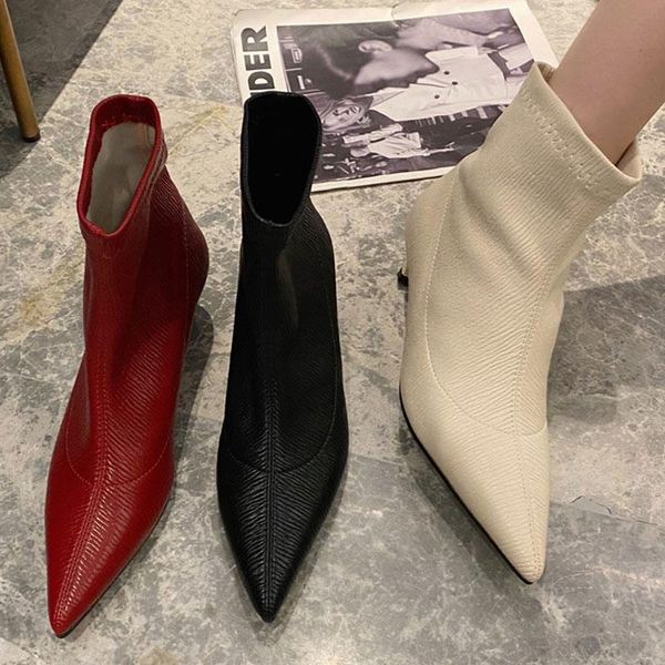 

boots autumn soft pu leather elastic sock women slip on stretch fabric thin heels pointed toe ankle winter woman, Black
