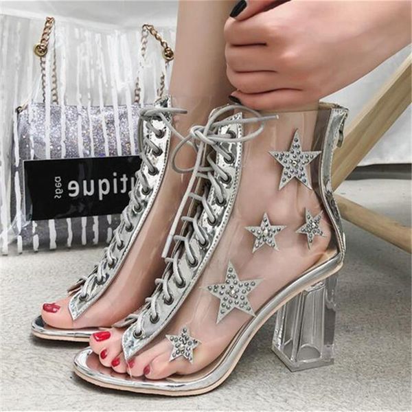 

peep toe women boots 2020 cross-tied pvc summer shoes woman chunky high heels botas mujer stars & rivets design ankle botines, Black