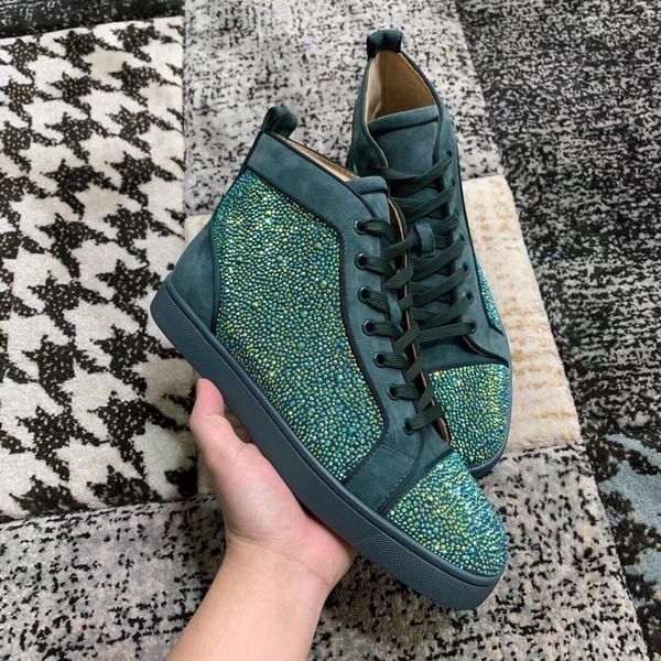 

luxury designer green strass & calfskin sneakers high red bottom shoes men women outdoor sports dress party wedding trainer eu 35-47, Black