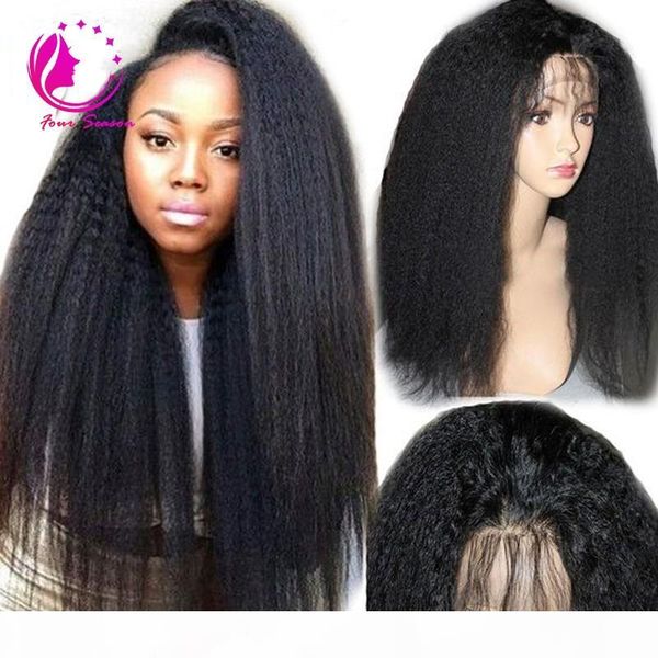 

150 density kinky straight full lace wig silk 4x4 malaysian human hair coarse yaki silk base glueless lace front wigs natural hairline, Black;brown