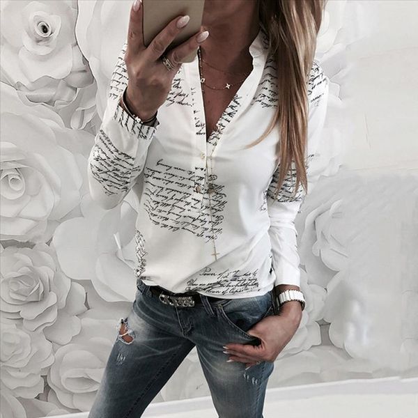 

new white letter print women shirt long sleeve turn down collar office ladies blouses single row button female autumn shirt