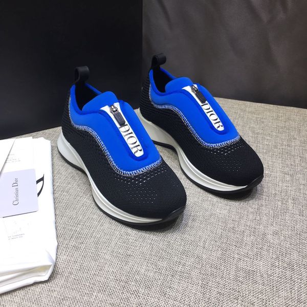 

designer womens sneakers luxury royal blue white stitching letter pattern decoration front zipper flat heel sneakers with box, Black