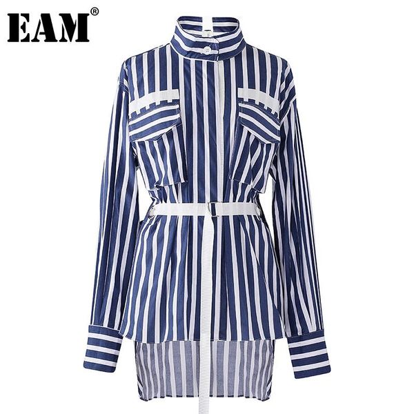 

eam] women vertical striped irregular bandage blouse new lapel long sleeve loose fit shirt fashion spring autumn 2021 1dc164, White