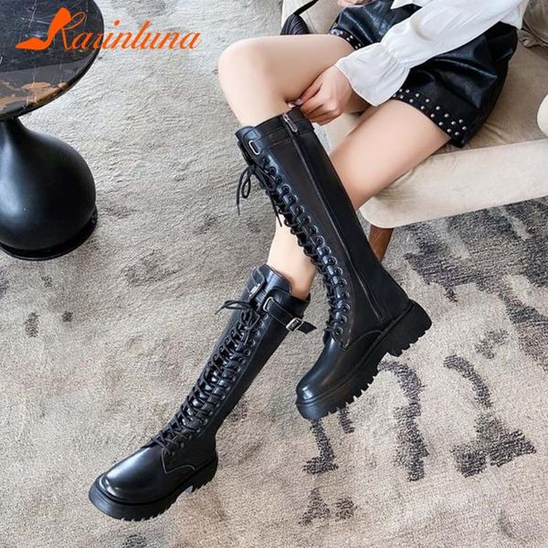 

boots 2021 brand stylish female shoes buckle straps round toe knee high platform comfy women fashionable, Black