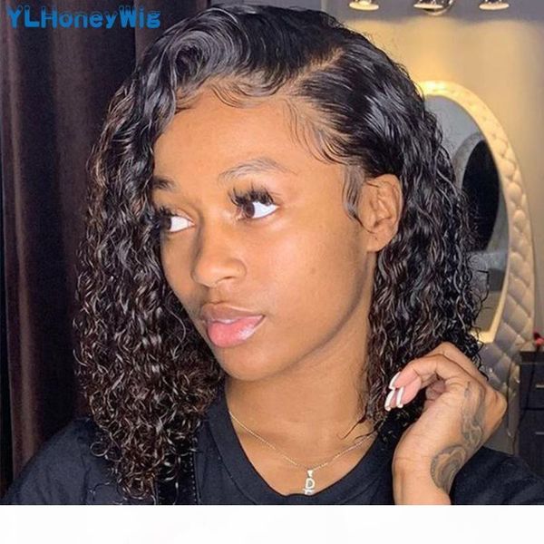 

ylhoney water wave short bob lace wigs 4x4 lace closure wig pre-plucked brazilian front human hair wigs frontal, Black;brown