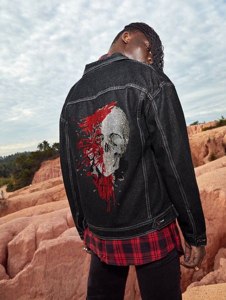 

men skeleton print denim jacket e7ls#, Blue