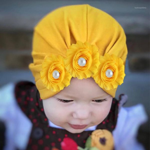 

caps & hats floral pearl design girls boys soft infant turban elastic cap baby hat headwear born clothes1, Yellow