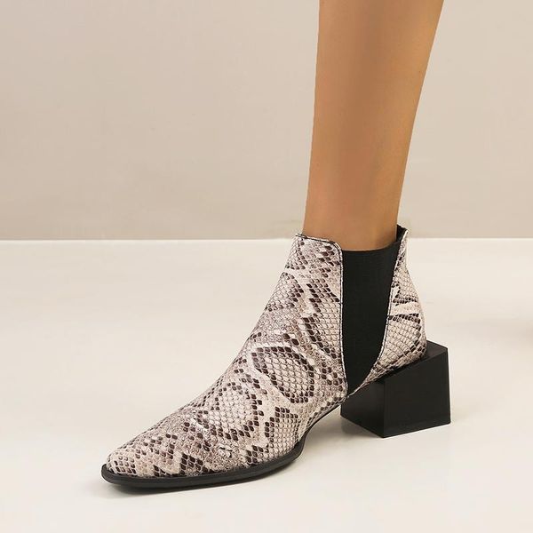 

boots perixir pointed toe ankle snakeskin square high heels snake print chunky heel slip one shoes for female winter 2021, Black