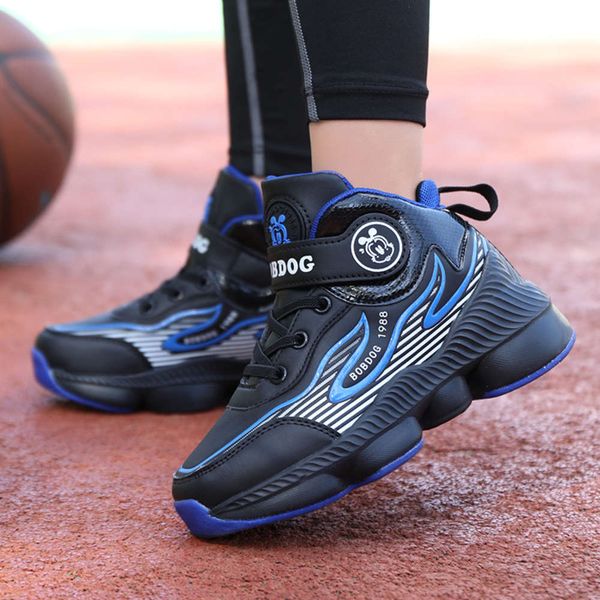 

babudou men's autumn winter new boys' sports middle and large leather waterproof children's basketball sho, Black;red