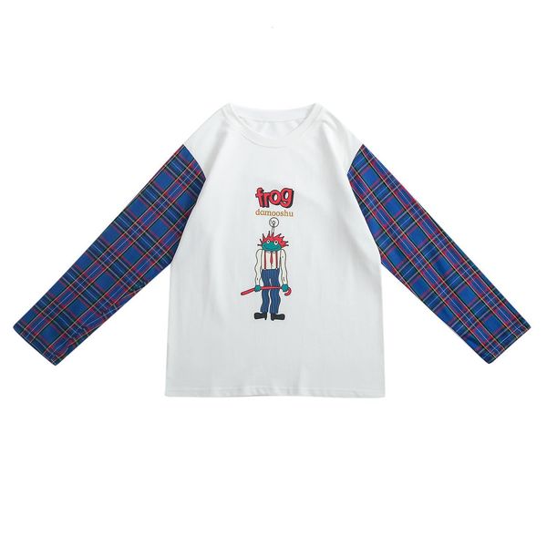 

fashion new spring women tee shirt long sleeve ugly frog printed t-shirt plaid long sleeve casual preppy style tshirt, White