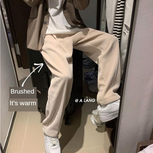 

winter plus velvet thick corduroy pants men's warm fashion casual wide-leg pants men streetwear loose korean straight mens, Black