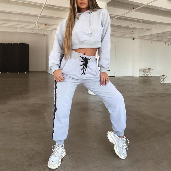 

autumn and winter long-sleeved hooded cotton sets women stripe crop drawstring calf length pants workout tracksuits1, Gray