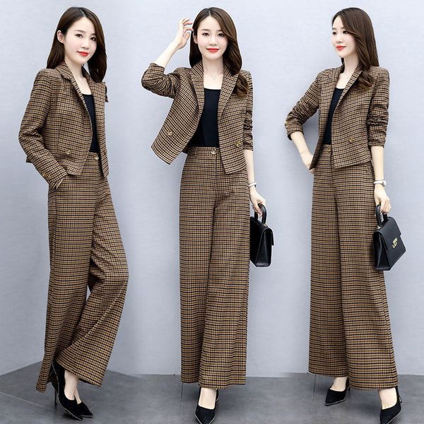 

new 2021 xadrez feminino primavera e estilo coreano temperamento moda perna larga calas de duas peas terno y483 mu6g 4czh, Gray