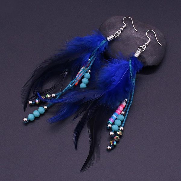 

dangle & chandelier fashion blue feather earrings bohemian natural crystal soft ceramic beads ladies ear hooks party jewelry gift, Silver