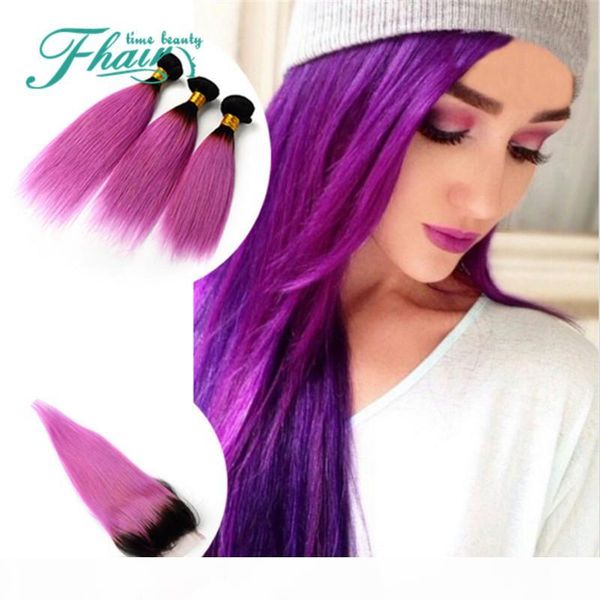 

ombre hair 10 "-30" дюймов длина 1b фиолетовый straight бразильских волос соткать закрытие 4 шт лот tissages two tone утки 3bundles с cl, Black