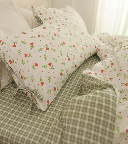 

cute green plant heart bedding set girl,cotton twin full  romantic pastoral home textile bed sheet pillow case duvet cover