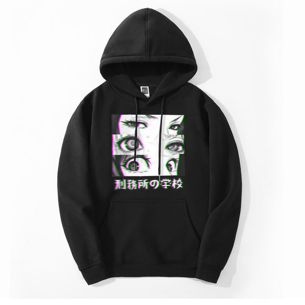

2019 spring winter new prison school eyes sad japanese anime hoodie men sweatshirt men warm fleece hooded men men's sportswear, Black