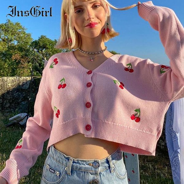 

insgirl осенняя мода streetwear y2k свитер женщины сладкий милый вишневый напечатанный v-образным вырезом с длинным рукавом кардиган вязаный, White