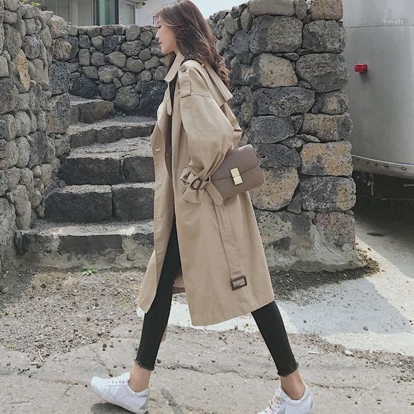 

2020 new spring and autumn women's korean long khaki female trench coat turn-down collar single breasted overcoat j2151, Tan;black