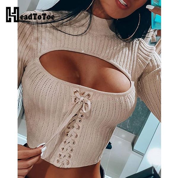 

eyelet lace-up cutout knit crop sweater, White;black
