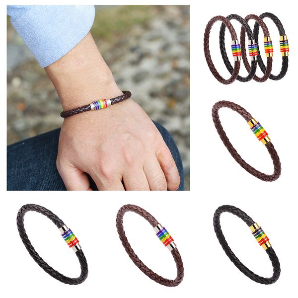 Bracciale in pelle intrecciata gay Arcobaleno colorato moda rame chiusura magnetica braccialetto gioielli uomini e donne regali per feste w-00489