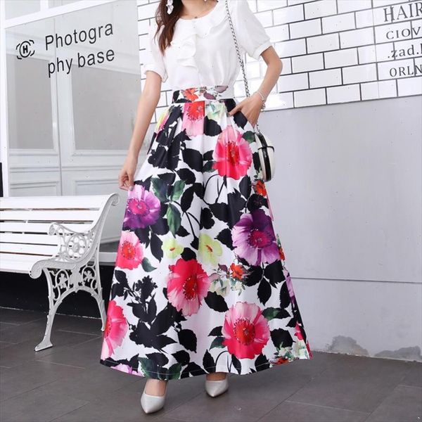 

plus size floral long skirts womens high waisted pocket vintage swing maxi skirt a line chic summer autumn 2021 jupe longue, Black