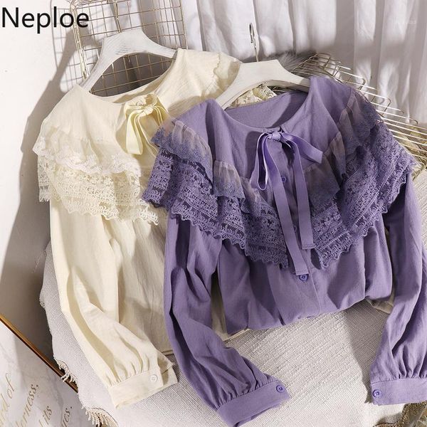 

neploe 2020 spring lace ruffles blouse women korean casual lace up o neck shirt single breasted long sleeve blusas 498661, White