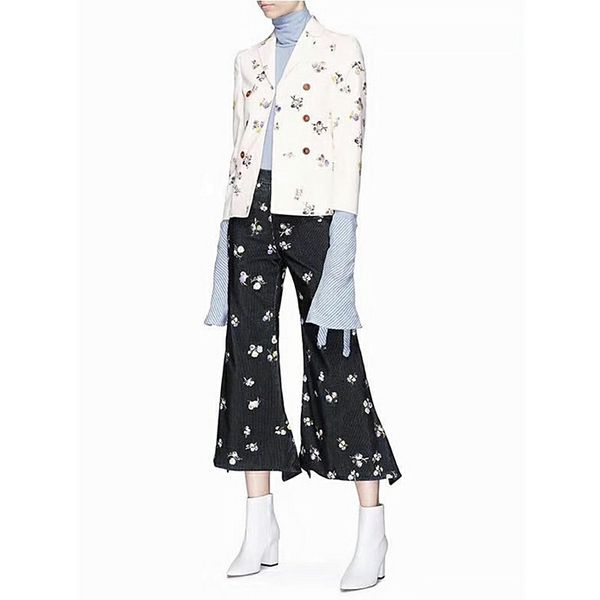 

floral print corduroy flare blazer suit black/cream blossom cotton double breasted tailored jacket bell-bottoms trousers twinset q1215, White;black