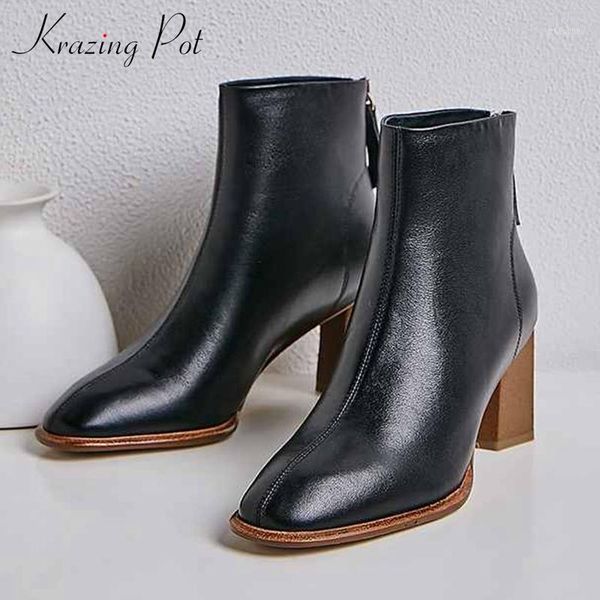 

boots krazing pot arrival cow leather wooden thick high heels round toe handmade keep warm big size runway modern ankle l0f11, Black