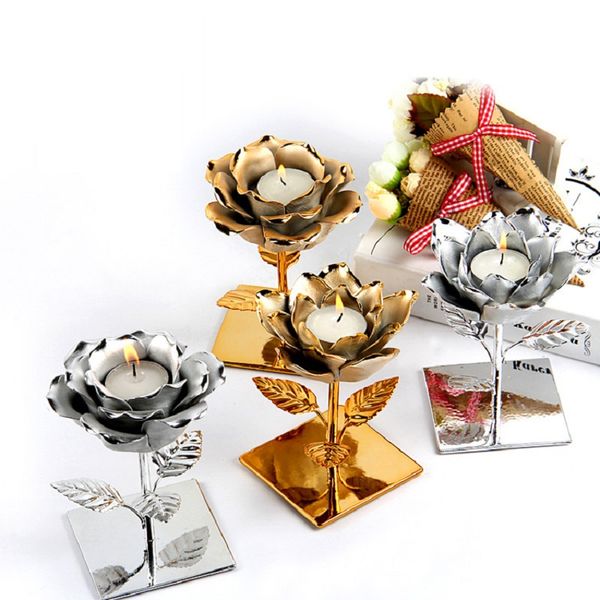 Nordic Kerzenhalter Überzug Silber Gold Lotus Rose Form Kerzenhalter Valentinstag Hochzeit Festival Home Teelicht Kerzen Dekor